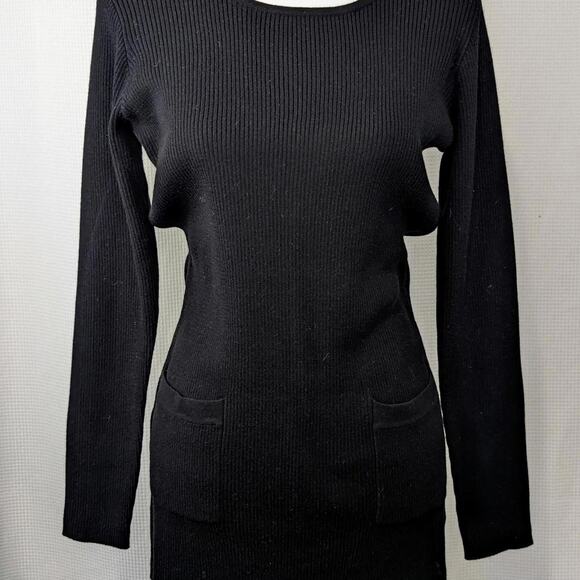 AB STUDIO! SLEEK BLACK RIBBED KNIT POCKET 2 FRONT SWEATER DRESS! SZ M - Picture 2 of 9